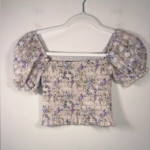 Katie J NYC Girly Puff-Sleeve Smocked Floral Crop Top White/Lavender Size Large